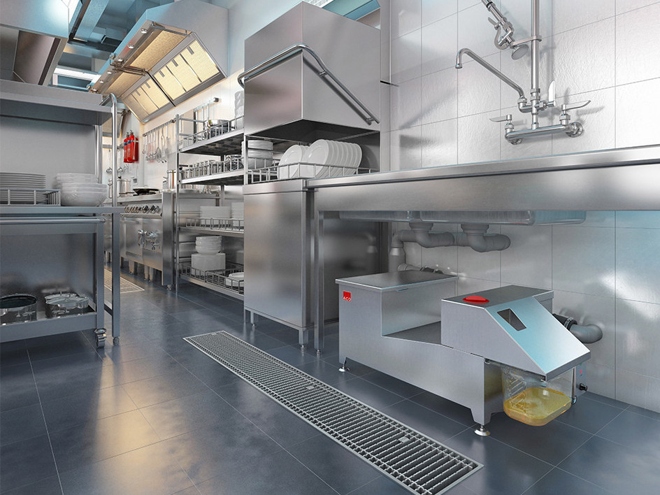 Grootkeuken met ACO Grease capture compacte vetafscheider