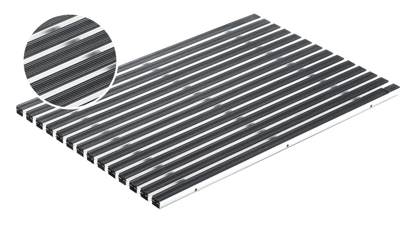 Paillasson avec profil d’appui en aluminium,  garni avec des bandes de caoutchouc lavables, noir