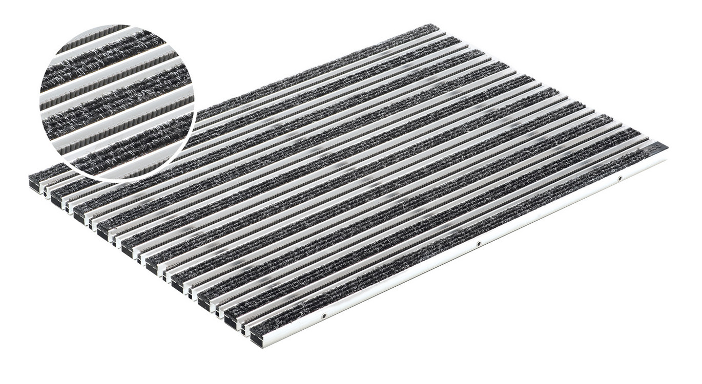 Paillasson avec profil d’appui en aluminium,  garni avec des bandes de feutre lavables combinées avec des poils de brosse, anthracite
